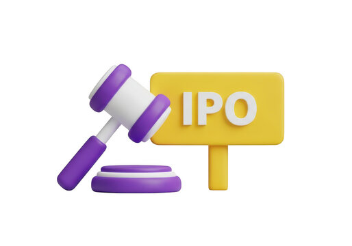 3d icon of a gavel and a yellow sign with ipo text, symbolizing initial public offering, isolated on transparent background