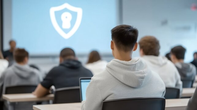 Engaged Student Participating in a Modern Classroom Environment with a Focus on Digital Security Concepts During a Lecture