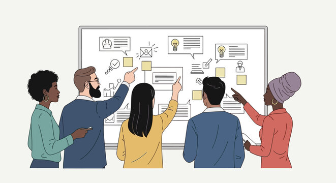 Diverse group brainstorming meeting.