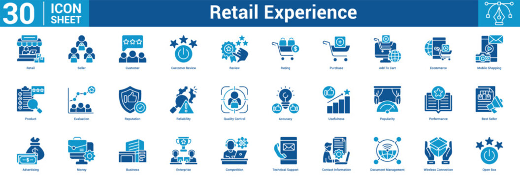 Retail Experience editable icon set containing business with icon of Retail, Seller, Customer, Customer Review, Review, Rating, Purchase, Add To Cart, Ecommerce, Mobile Shopping, Product, Evaluation.