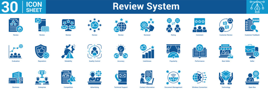Review System editable icon set containing business with icon of Review, Review, Review, Review, Review, Reviewer, Rating, Comment, Customer Review, Customer Feedback, Evaluation, Reputation, Reliabi.