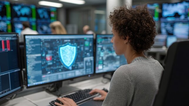 Cyber security analyst working at multiple monitors showing shield interface for cybersecurity operations dashboard and monitoring background