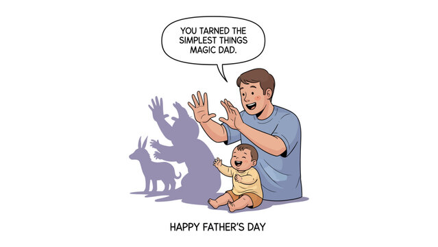 Father's Day Magical Shadow Play: A heartwarming scene where a father creates shadow puppets for his child, conjuring playful animals. The father and baby share a moment of laughter and wonder.