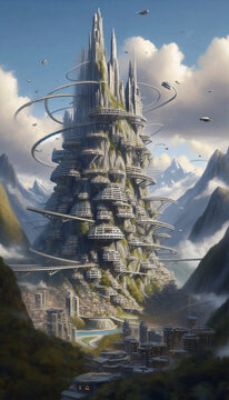 A vast, terraced mega-city built into the side of a mountain, connected by aerial trams and spiral roads, Ai generated image