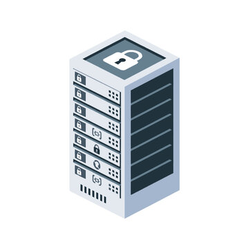 Isometric illustration of a secure server rack with a padlock symbol on top, representing data security and protection.