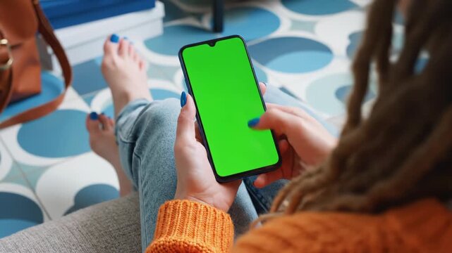 Person holding a smartphone with a green screen in their hands.