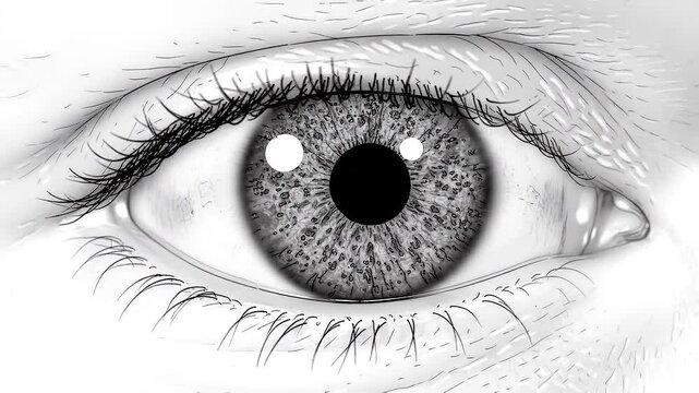 A detailed close-up illustration of a human eye with visible iris and eyelashes