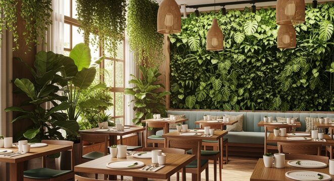 A bright and airy restaurant interior with lush greenery and wooden tables set for dining in a seren