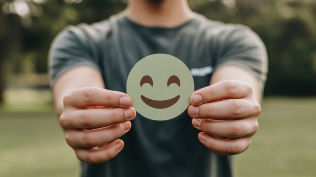 Man holding a happy smiley face symbol representing positive emotions joy and satisfaction outdoors with a blurred green background
