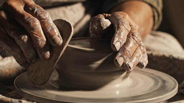 Close-up Of Hands Shaping Clay On A Potter's Wheel Senior elderly old age mature aging process longe