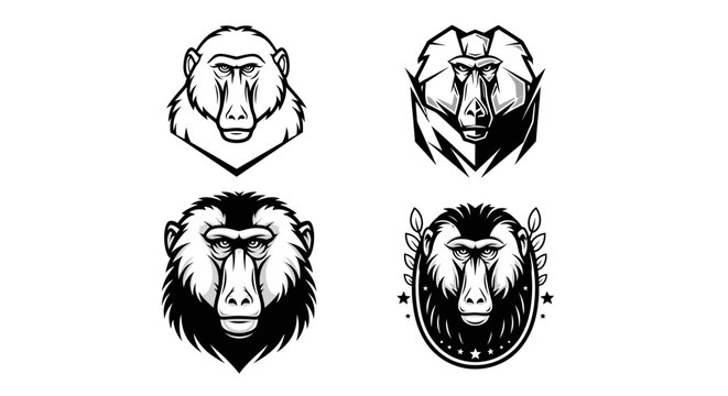 Four Baboon Head Illustrations in Black and White.