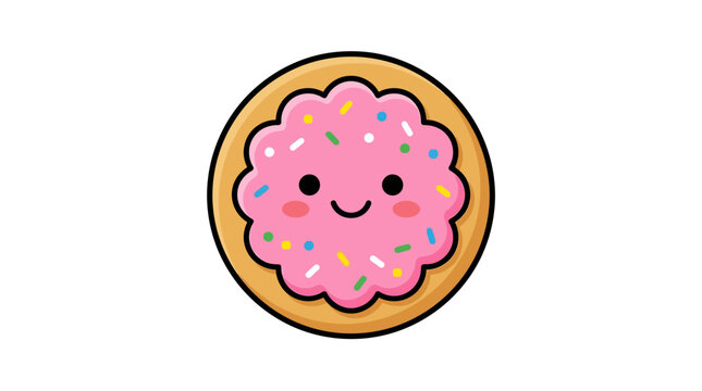 Smiling pink frosted donut with sprinkles.