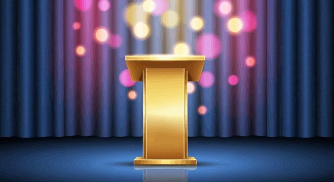 Golden Podium on Stage with Curtains and Bokeh Lights - Award Ceremony or Presentation