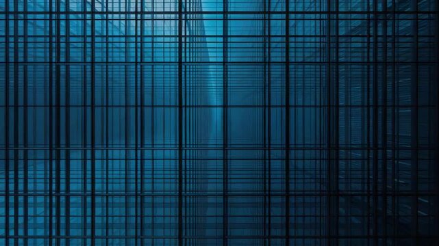 Blue glass grid facade with reflective geometry and modern architecture reflection atmosphere