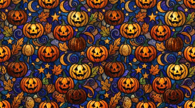 seamless halloween pumpkin stained glass textured background