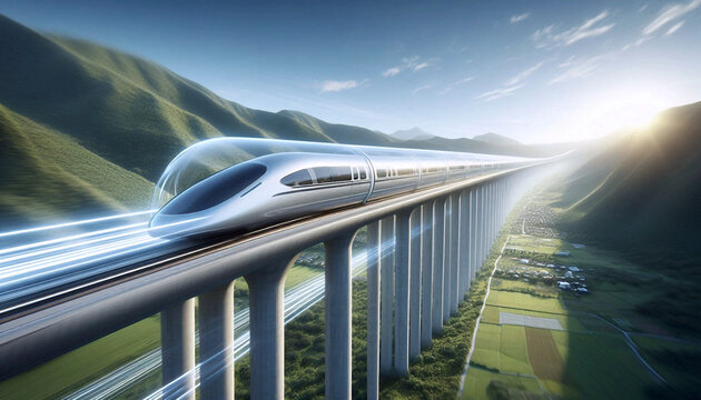 A high-speed Vacuum Tube Train shooting through a transparent tube across a panoramic landscape, Ai generated image