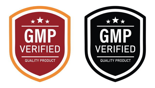 GMP Verified Quality Product Seal Set in Shield Icons with Stars for Manufacturing Standards and Compliance Certification Illustration