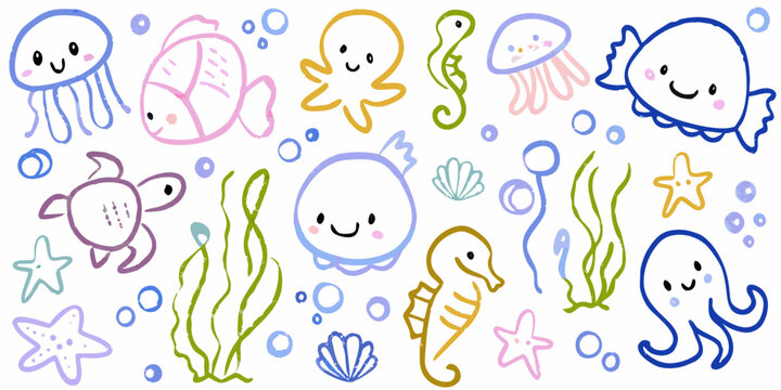 Colorful hand drawn illustration of various cute sea creatures and plants