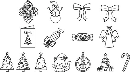 Obraz premium Christmas holiday icon set with snowman gifts decorations festive symbols vector illustration collection minimal outline design style