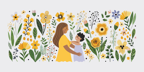 A mother and child stand amidst a vibrant colorful garden of flowers © Juran