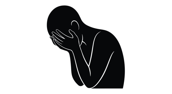 A silhouette of a person covering their face with one hand, conveying a silhouette human expression against a clean white background