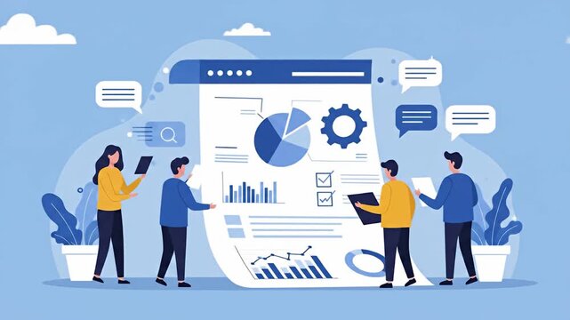 Four people discussing a data report with pie charts and bar graphs in a cartoon style
