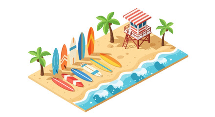 Isometric vector illustration depicts surfboards standing upright in the sand next to the ocean waves, a lifeguard tower, and palm trees, all rendered in bright colors against a white © Asap