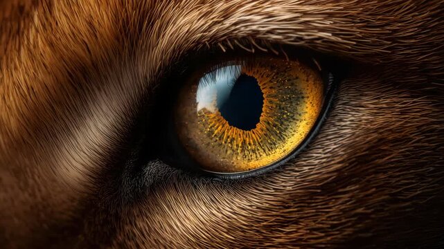 Golden amber eye close up of wild feline with detailed fur texture, reflective detail evoking
