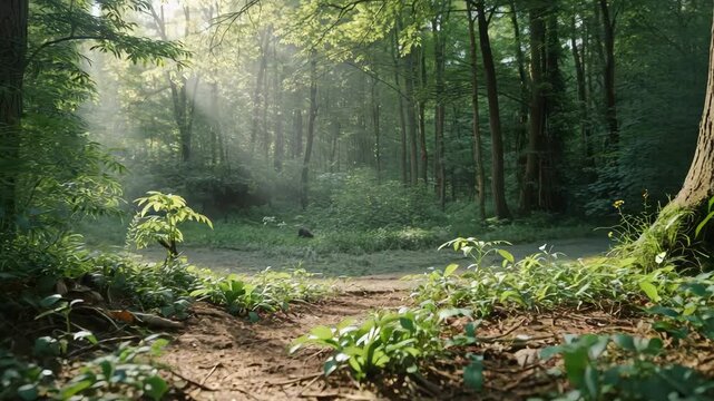 Sunbeam dappled forest path under green canopy with lush morning rays and serene light