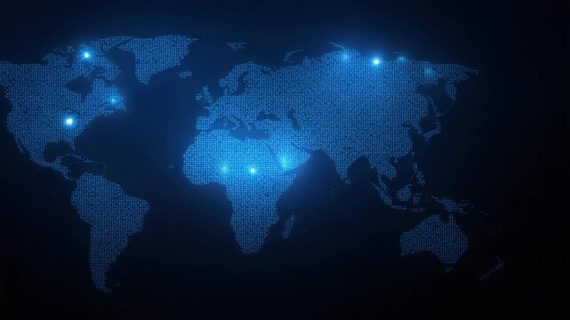 Glowing digital world map with network data connection and blue binary grid conveying global map