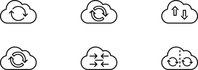 Obraz premium Set of six hand drawn cloud icons with circular and directional arrow symbols
