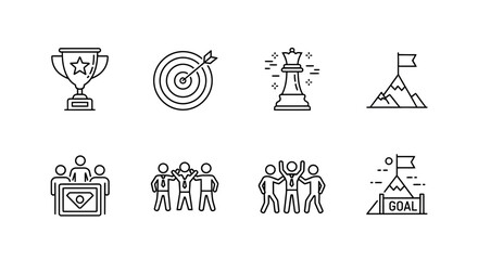 Fototapeta premium Business Success Icons: Trophy, Target, Chess King, Mountain Peak, Teamwork, Goal Achievement
