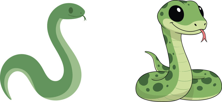 Cute snake cartoon character collection with simple and detailed styles green reptile vector illustration set isolated on light background