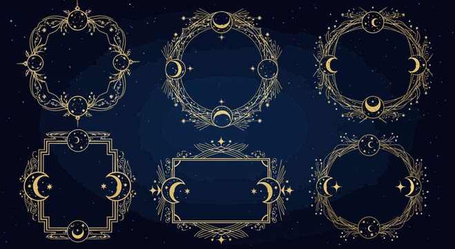 Celestial Moon Frames & Borders: Mystical Astrology & Cosmic Night Sky Design Elements