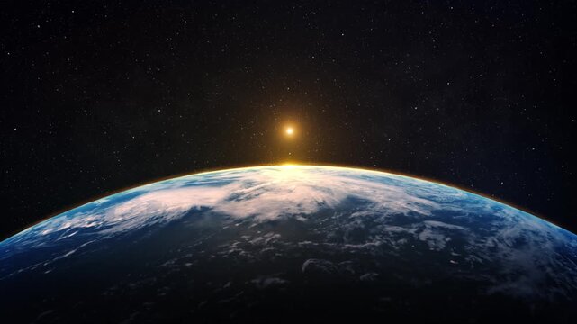 Night planet earth glowing cities, view from space on background of stars. Beautiful sunset, setting sun over spinning globe. Globe from Orbit Satellite. Global World Technology and Business Concept