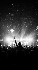 Fototapeta premium Concert Crowd Silhouette Celebrating Live Music Festival With Raised Hands & Confetti Showers