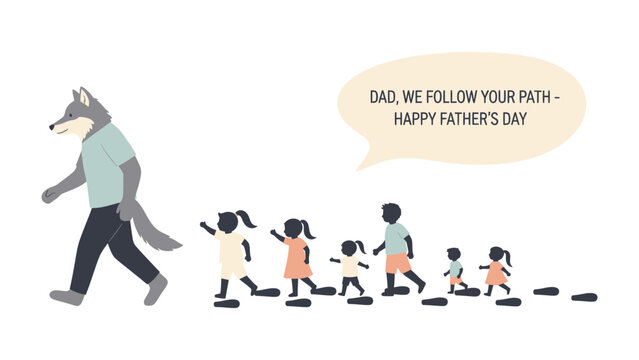 A Wolf-like Father's Day: A unique and heartwarming illustrated scene depicts a wolf-like figure leading a group of children, symbolizing a father's guidance and love. Emphasizing family.