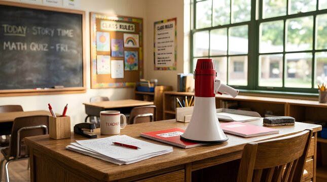 Empty Classroom with Teachers Desk Megaphone and Blackboard