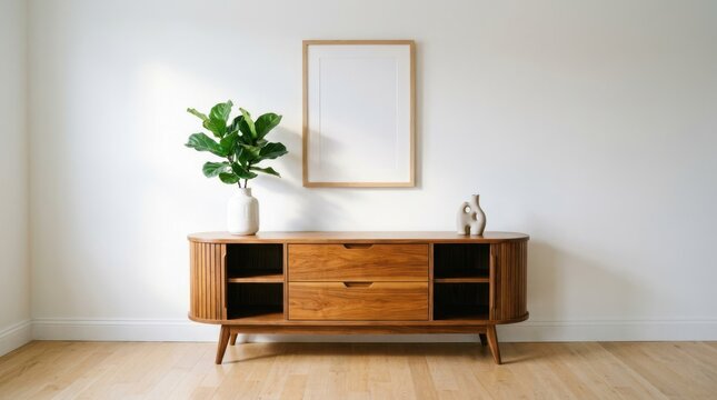 Midcentury modern wooden sideboard with plant and picture frame