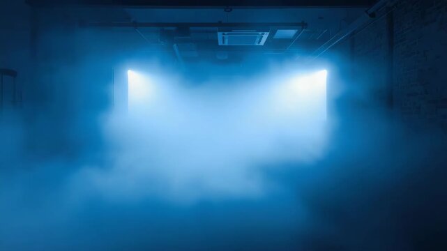Blue foggy studio and industrial room with dramatic backlight and spotlights creating moody smoke