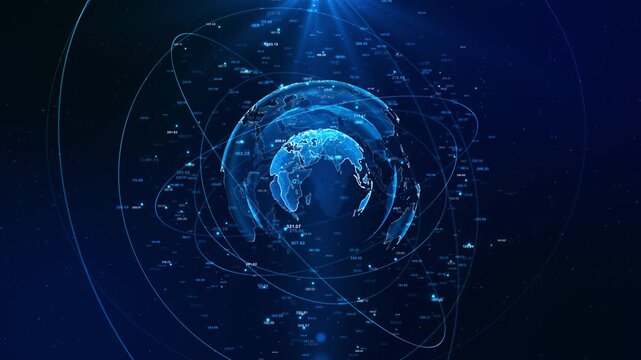 Global Digital Network Earth Data Connections Analytics Flow data streams connection lines global networking, analytics, fintech, big data, global business, cloud computing, technology innovation 3D