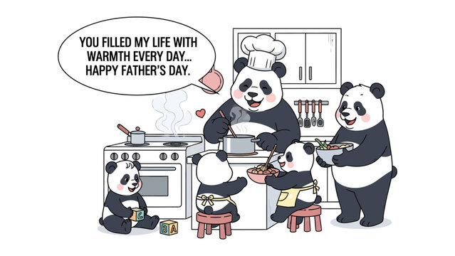 Panda Family Celebrates Father's Day: A heartwarming scene unfolds in a cozy kitchen as a panda family, with the father panda taking charge as a chef, celebrates Father's Day.