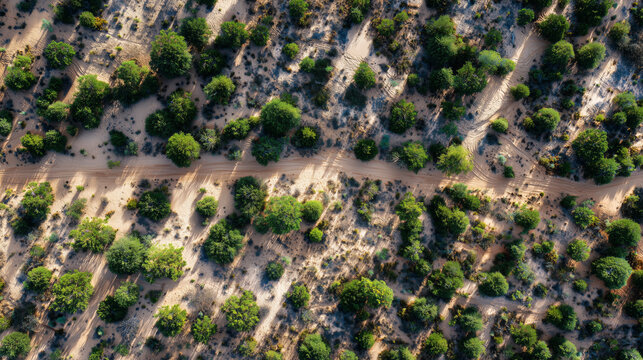 Aerial view of a winding dirt path through a dense, arid landscape with scattered green vegetation and sandy ground.