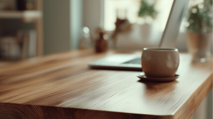 Fototapeta premium Cozy work desk with laptop and coffee cup ready to work