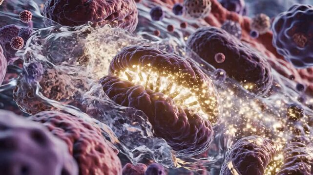 Detailed microscopic animation of mitochondria generating energy particles within a complex cellular environment