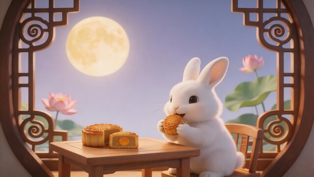 Rabbit eating mooncake by window