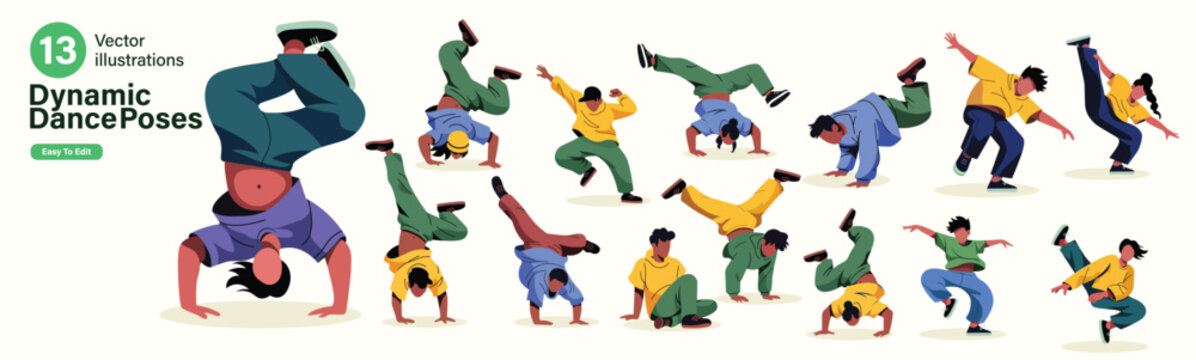 Dynamic Breakdancing Poses Set: 13 Vector Illustrations of Diverse Street Dancers Performing Hip Hop Moves, Handstands, and Acrobatic Freezes in Flat Modern Style for Sports and Youth Culture.