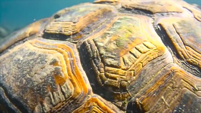 turtle shell texture underwater macro close-up as sunlight ripples move across hexagonal patterns, revealing natural structure, marine detail and surface variations in a clear ocean environment