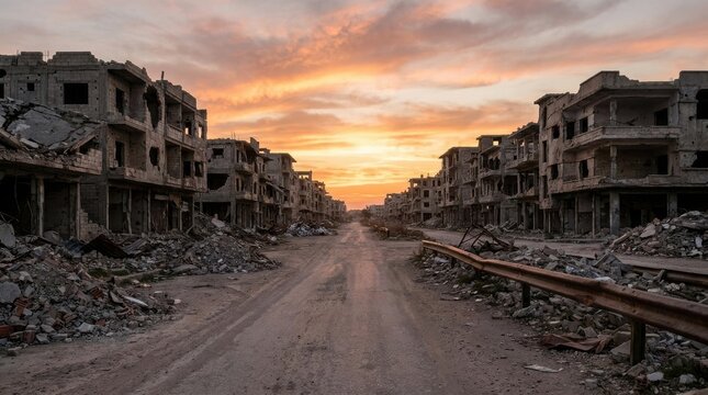 Ruined city street with destroyed buildings at sunset