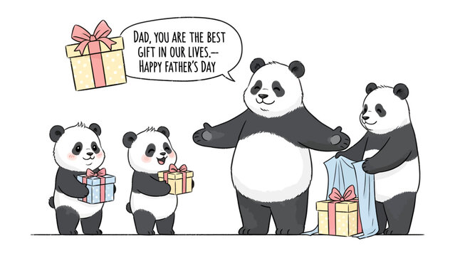 Father's Day Pandas: An adorable illustrated scene captures the warmth of Father's Day, with a family of pandas exchanging gifts and expressing heartfelt sentiments.